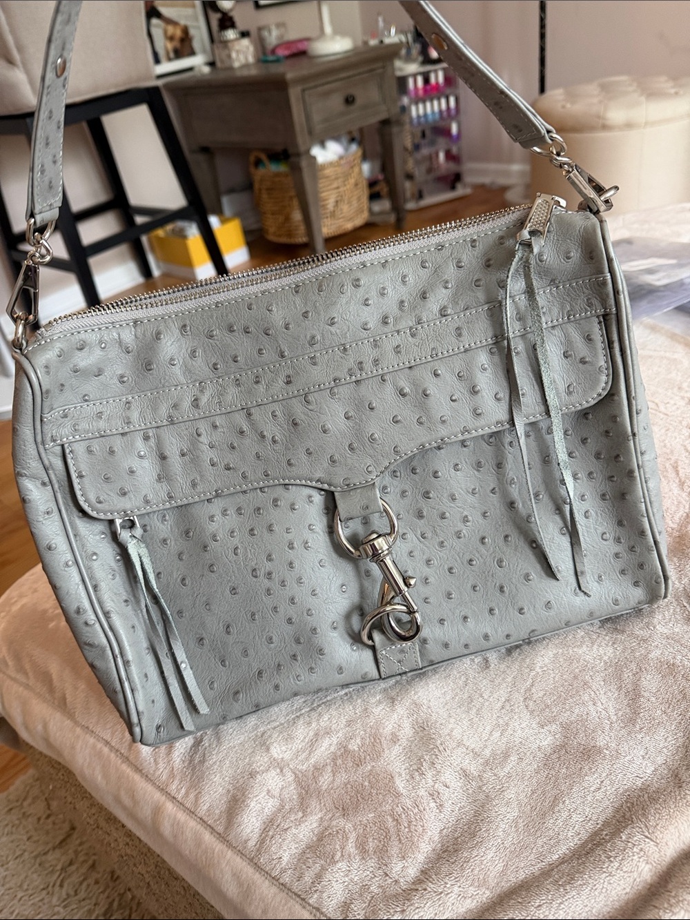 Rebecca Minkoff Light Gray Ostrich-Embossed Shoulder Bag